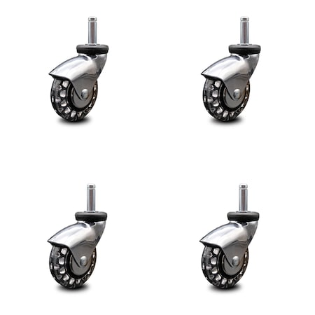 3 Inch Bright Chrome Hooded Polyurethane 3/8 Inch Grip Ring Stem Casters, 4PK